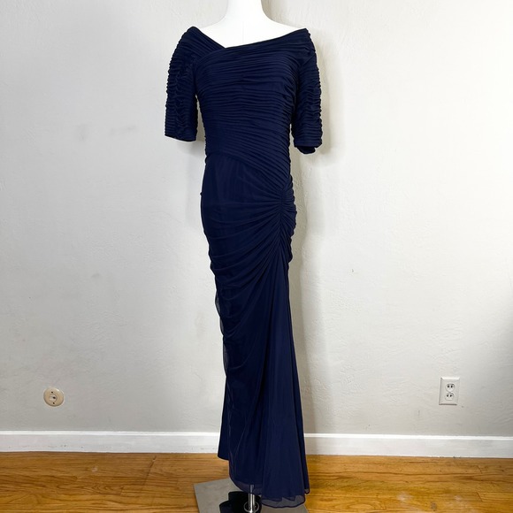 Tadashi Shoji Dresses & Skirts - Tadashi Shoji Asymmetric Ruched Sleeve Gown Navy Blue Maxi 738814LX Size Medium